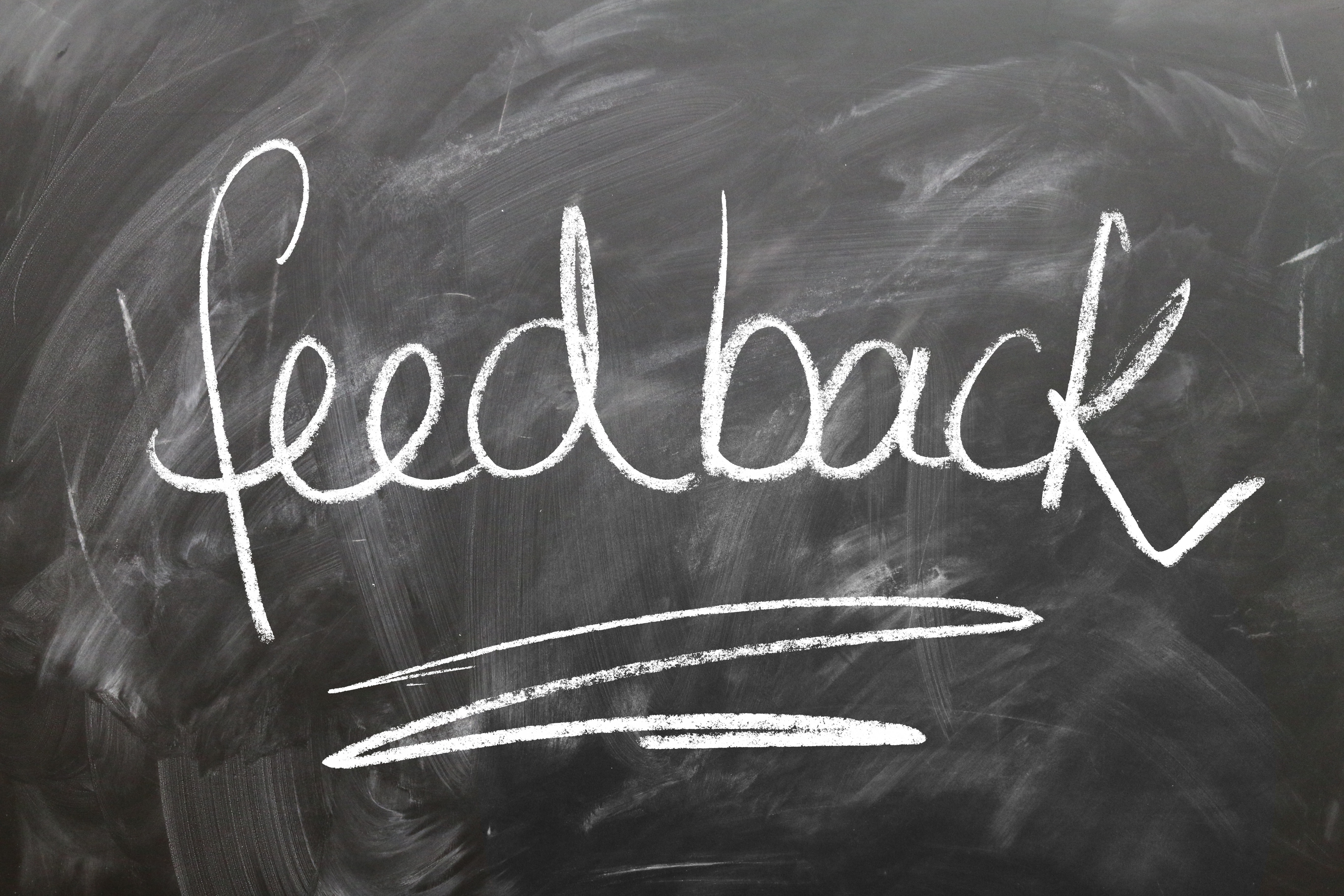 The word "feedback" is written on a chalkboard.