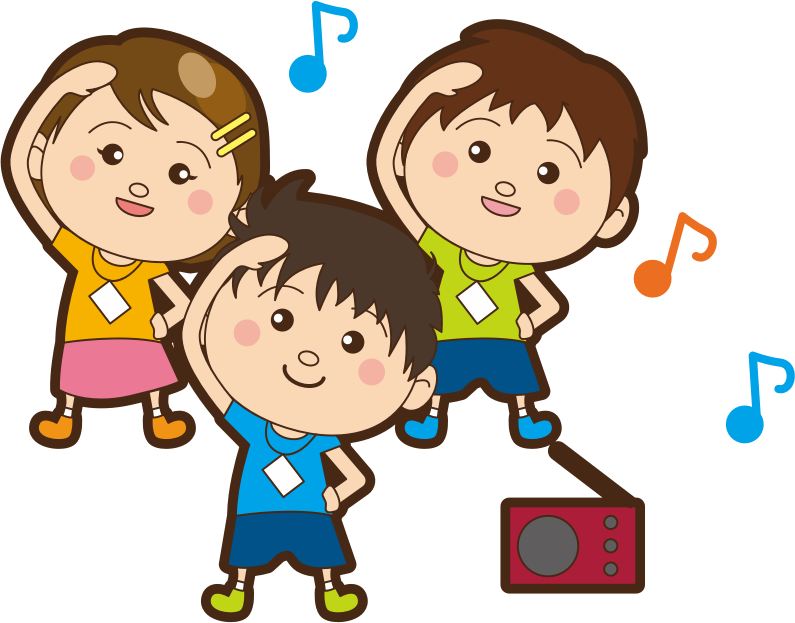 three children exercising while listening to music. They are reaching their left hand over their head to the right