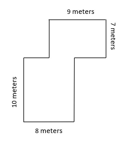 The rectilinear figure represents a model of a dog park. One area of the figure is 9 meters long and 7 meters wide. The other area of the figure is 10 meters long and 8 meters wide.