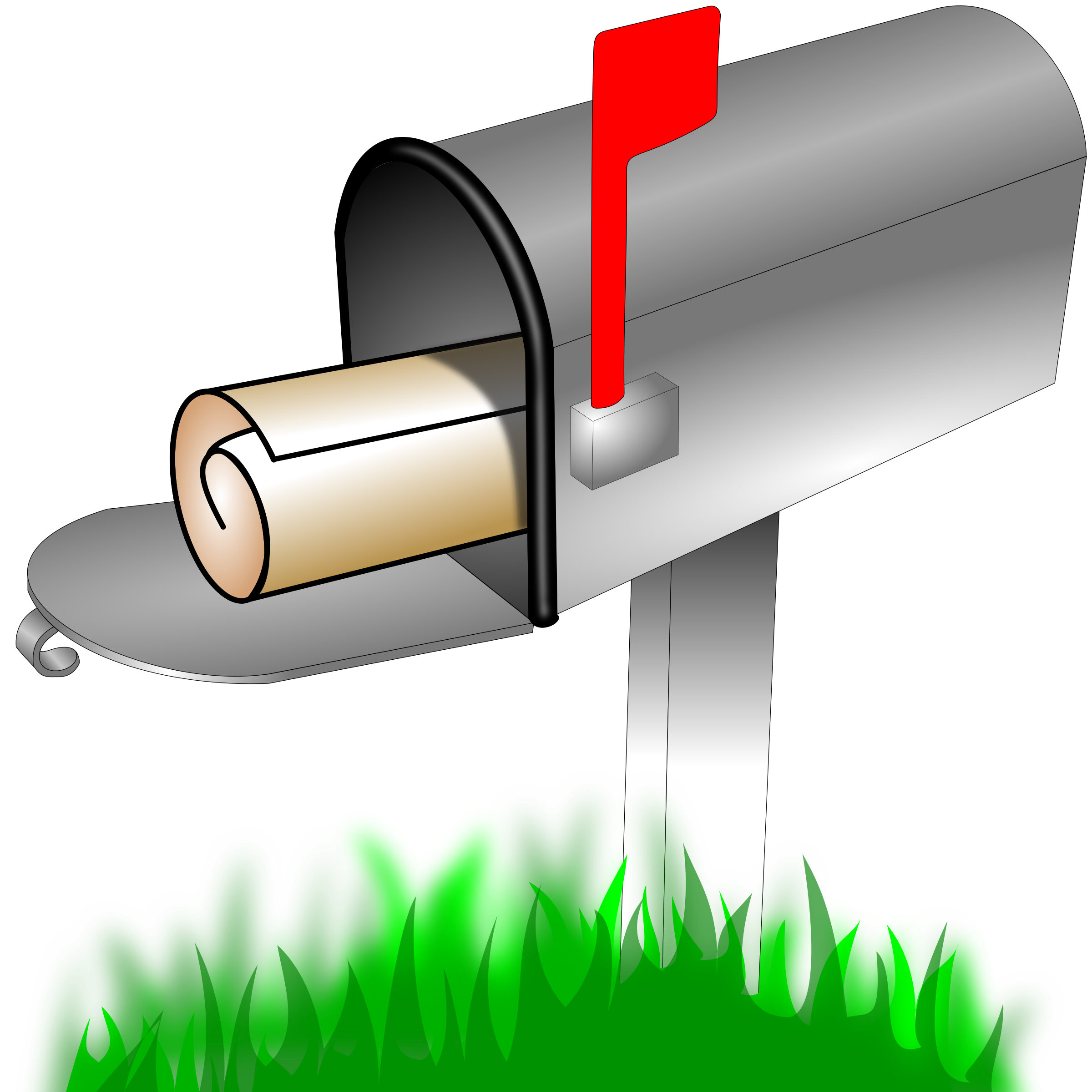 A open gray mailbox with a rolled up piece of paper inside. There is a red flag that is up and grass underneath
