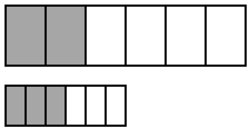 This image shows a large rectangle partitioned into 6 equal parts with 2 parts shaded and a small rectangle partitioned into 6 parts with 3 parts shaded.