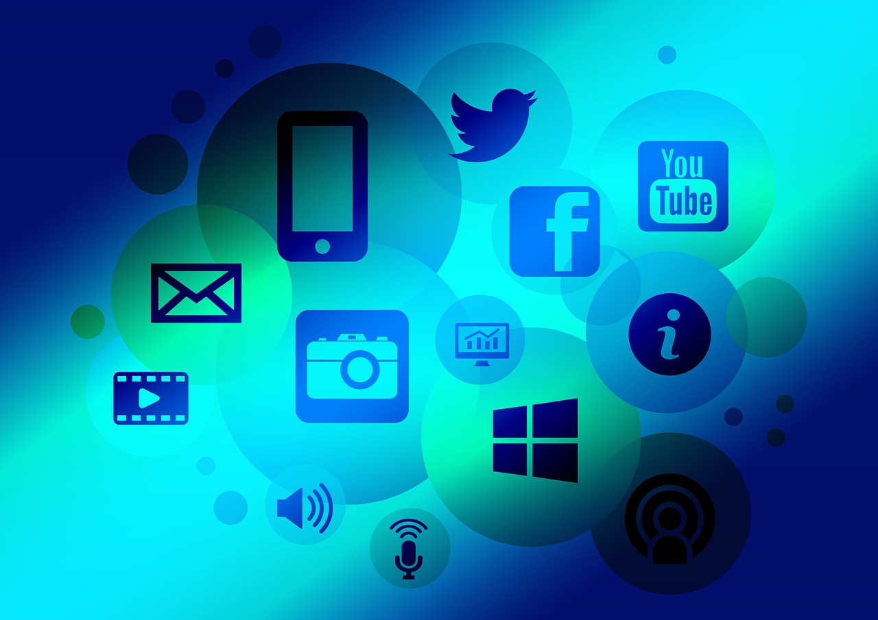 Social media and technology icons floating on a blue background