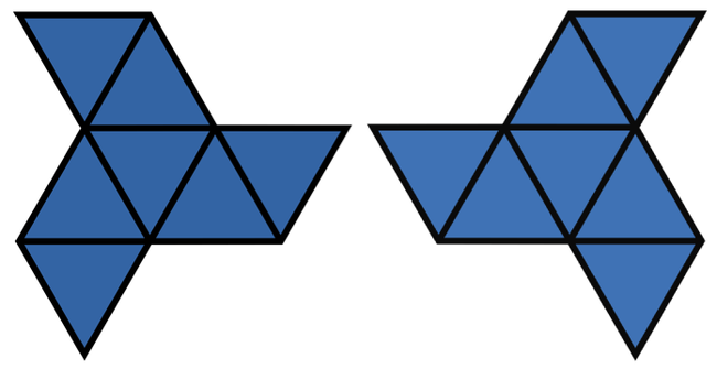 Dos figuras simétricas axialmente entre sí. Adaptado de Inductiveload (trabajo propio) [Dominio público], vía Wikimedia Commons, http://commons.wikimedia.org/wiki/File:Polyiamond_3-fold_rotational_symmetry.svg