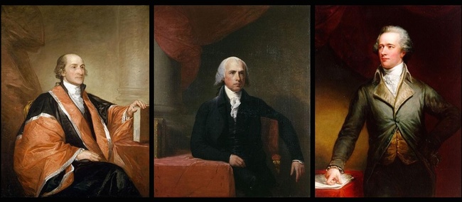Portraits of John Jay, James Madison, and Alexander Hamilton. Public Domain, via Wikimedia Commons
