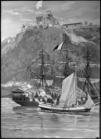 Capture of the French Privateer Sandwich by armed Marines on the Sloop Sally, from the U.S. Frigate Constitution, By Philip Colprit [Public domain or FAL], via Wikimedia Commons
