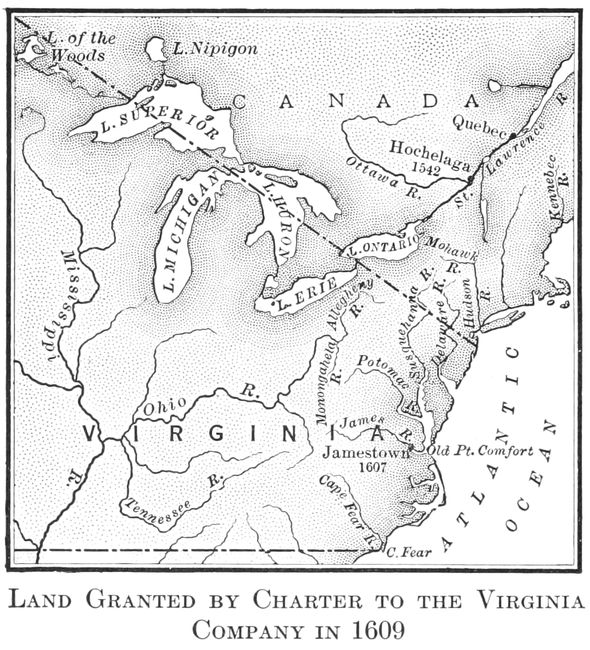 Map of land granted to the Virginia Company by the charter of 1609. From A History of the United States for Schools, 1919, Public Domain, via Wikimedia Commons.