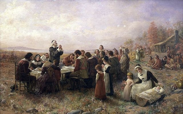 Artist's depiction of "The First Thanksgiving at Plymouth," by Jennie Augusta Brownscombe, Public Domain, via Wikimedia Commons