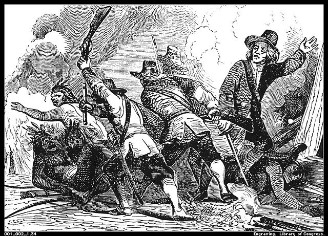 Engraving depicting the Pequot War from the Library of Congress, Public Domain, via Wikimedia Commons