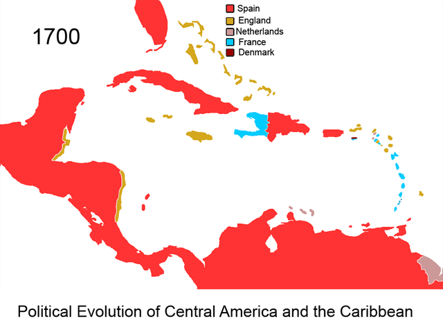 Political Evolution of Central America and the Caribbean, 1700. By Esemono - Own work, Public Domain, via Wikimedia Commons