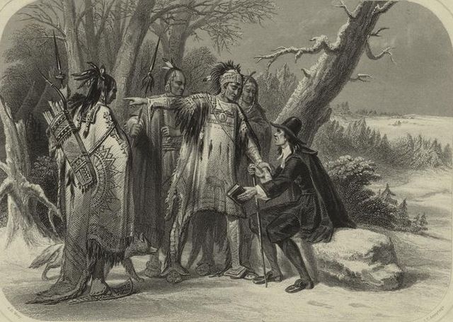 Engraved print depicting Roger Williams meeting with the Narragansett Indians. By James Charles Armytage - New York Public Library, Public Domain, via Wikimedia Commons