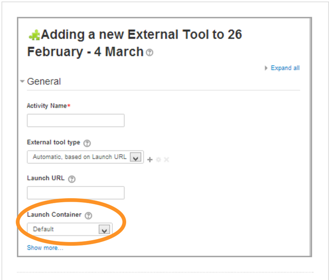 This is an annotated screenshot highlighting the Launch Container selection field in the Moodle External Tool General Settings window.