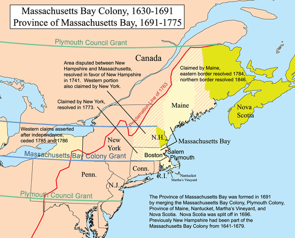 A map depicting various colonial territorial claims related to Massachusetts, by Kmusser - Own work, CC BY-SA 3.0, via Wikimedia Commons
