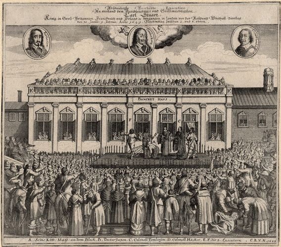 Contemporary German print depicting Charles I's beheading, Public Domain, via Wikimedia Commons