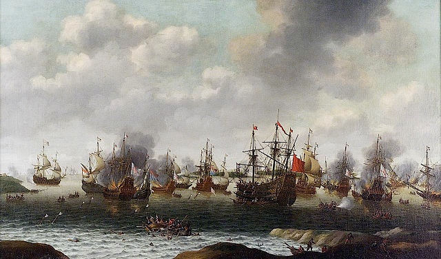 "Attack on the Medway" during the Anglo-Dutch wars by Pieter Cornelisz. van Soest, Royal Greenwich Museums, Public Domain, via Wikimedia Commons