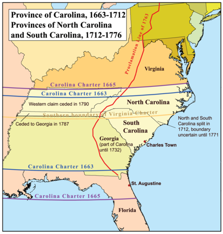 Map of the Province of Carolina by Kmusser, CC BY-SA 2.5, via Wikimedia Commons