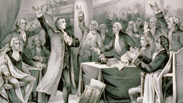 Drawing of revolutionary firebrand Patrick Henry (standing to the left) uttering perhaps the most famous words of the American Revolution — “Give me liberty or give me death!” — in a debate before the Virginia Assembly in 1775. By Currier & Ives, Public Domain, via Wikimedia Commons
