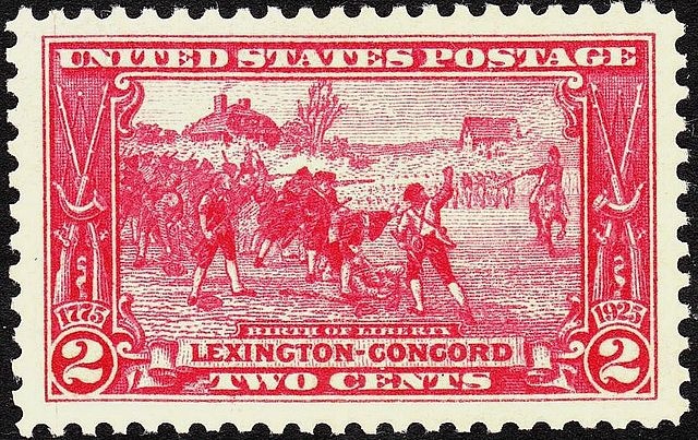Postcard depicting the first battle of the American Revolution. Public Domain, via Wikimedia Commons