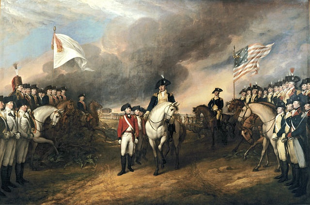 Surrender of Lord Cornwallis and the British army to American and French forces commanded by George Washington at Yorktown, Virginia, on October 19, 1781. The battle of Yorktown led to the end of the war and American independence, secured in the 1783 Treaty of Paris.  Painting by John Trumbull, Public domain, via Wikimedia Commons
