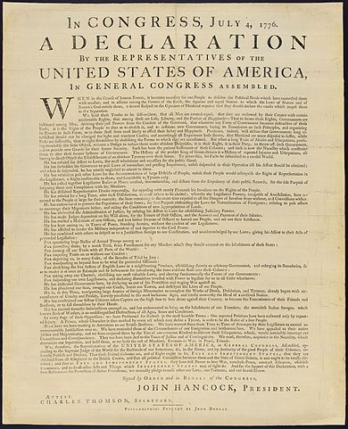 The United States Declaration of Independence. By John Dunlap, Public Domain, via Wikimedia Commons
