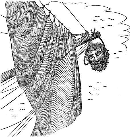 Edward Teach's severed head hangs from Maynard's bowsprit, as pictured in Charles Elles's The Pirates Own Book. Public Domain, via Wikimedia Commons