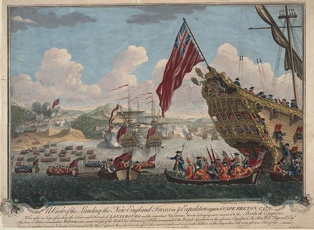 View of the English landing on the island of Cape Breton to attack the fortress of Louisbourg. By F Stephen, Public Domain, via Wikimedia Commons