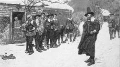A devout Puritan elder (right) confronts patrons drinking ale outside a tavern. Tensions between the strictly religious Puritans, who first settled the region, and the more secular population were characteristic of the colonial era in New England. By Howard Pyle, Public Domain, via Wikimedia Commons