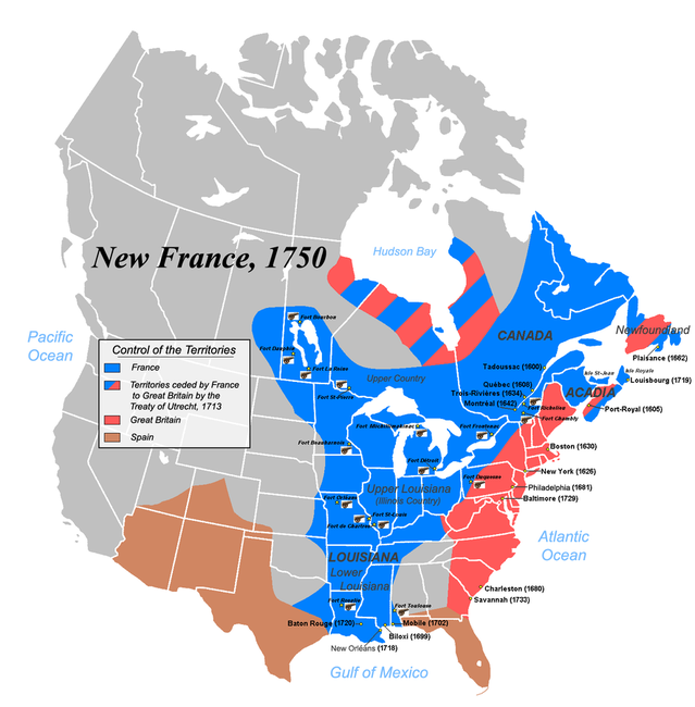 Map of New France, 1750. By JF Lepage [GFDL, CC-BY-SA-3.0), via Wikimedia Commons