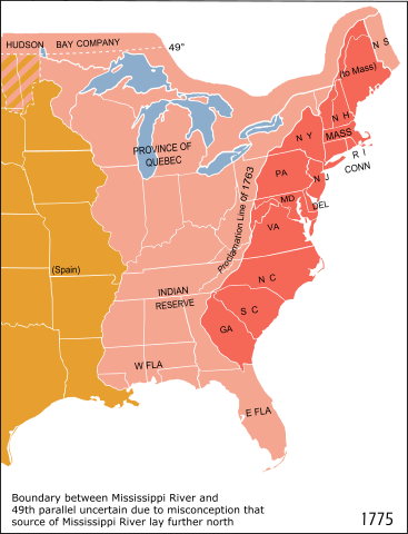 A portion of eastern North America; the 1763 "proclamation line" is the border between the red and the pink areas. By Cg-realms; adapted from National Atlas of the United States scan uploaded by Kooma, Public Domain, via Wikimedia Commons