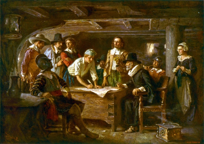 Signing the Mayflower Compact 1620, a painting by Jean Leon Gerome Ferris 1899. Public Domain, via Wikimedia Commons.