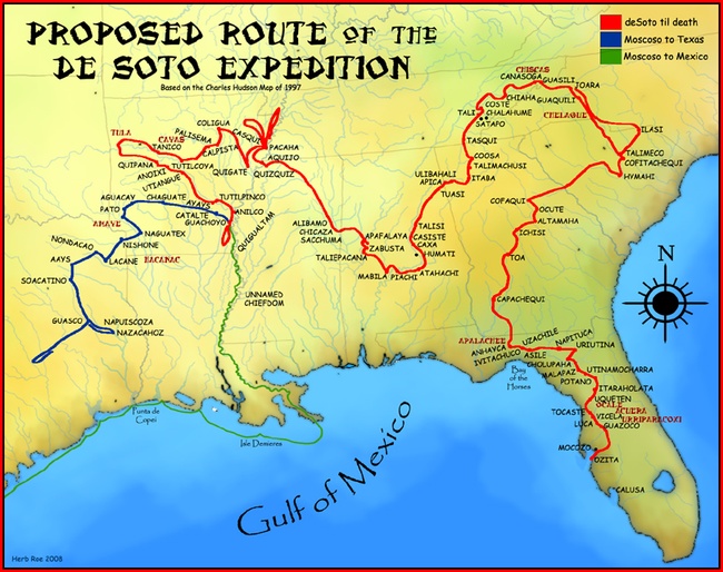 A map showing the proposed route of the de Soto Expedition, based on the 1997 Charles Hudson map. Herb Roe [CC BY-SA 3.0], via Wikimedia Commons
