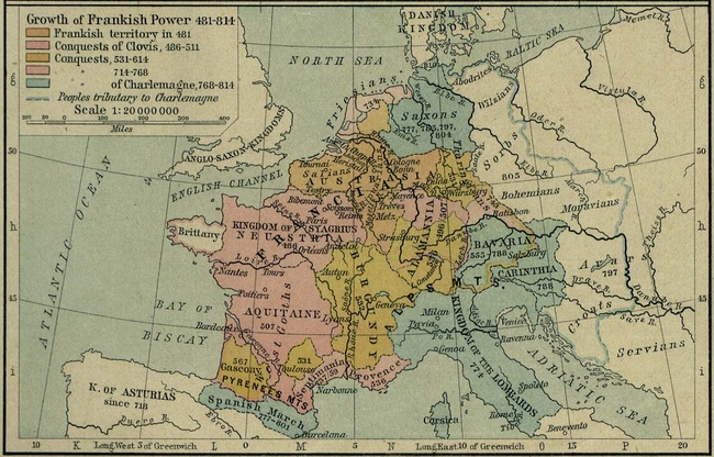 "Growth of Frankish Power, 481-814." [Public domain], from The Historical Atlas by William R. Shepherd, 1923.