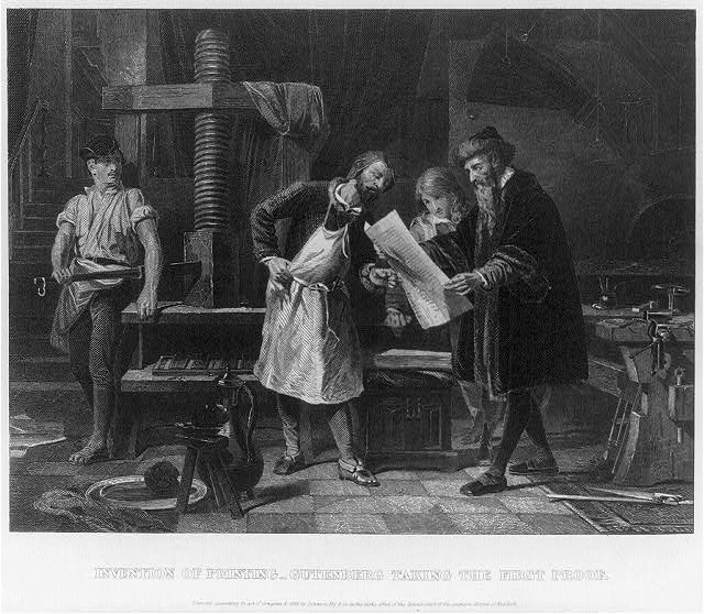 "Invention of printing - Gutenberg taking the first proof," [Public domain], via Library of Congress.