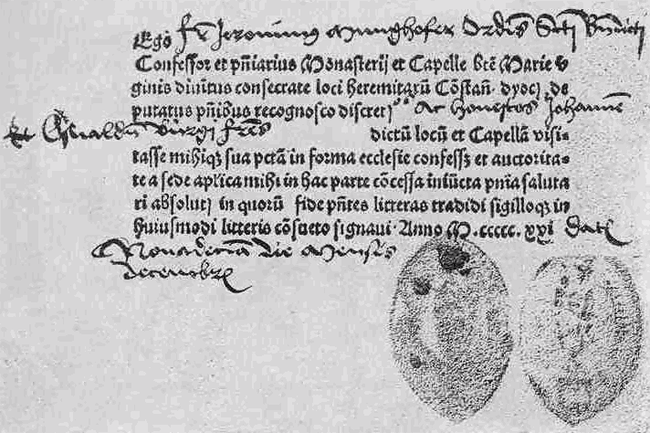 A Roman Catholic certificate of having gone to confession from the year 1521. By Fr. Jeronimus Munghofer, OB [Public domain], via Wikimedia Commons