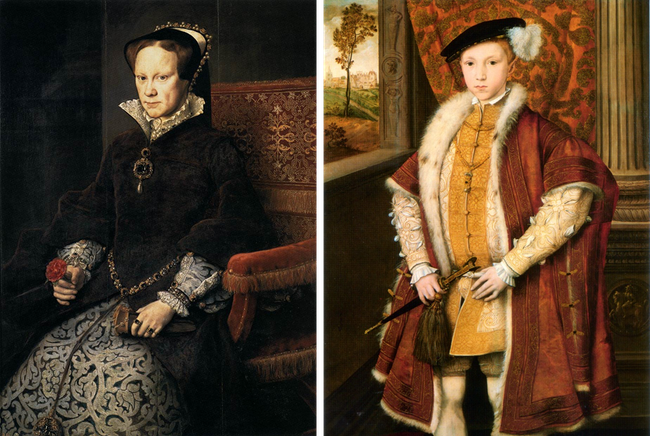 Queen Mary Tudor of England and Edward VI of England, [Public domain], via Wikimedia Commons