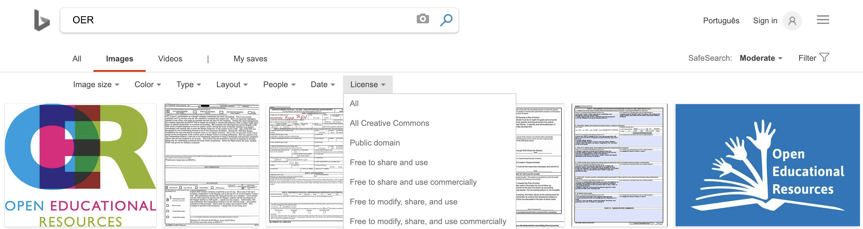 pesquisa no motor de busca Bing filtrada pelo tipo de licença CC pretendida