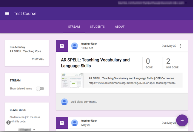 This is how an OER Commons resources appears as an assignment in Google Classroom™