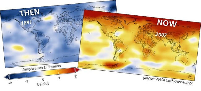 Maps comparing the earth's temperatures: 1891 and 2007.