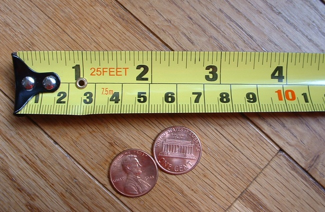 A tape measured with measurement increments in both centimeters and inches