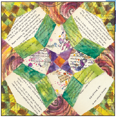 Quilt Block with cut up books pages, watercolor and marker.