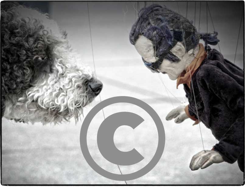 A dog and a puppet stare at each other, a copyright symbol is in the middle