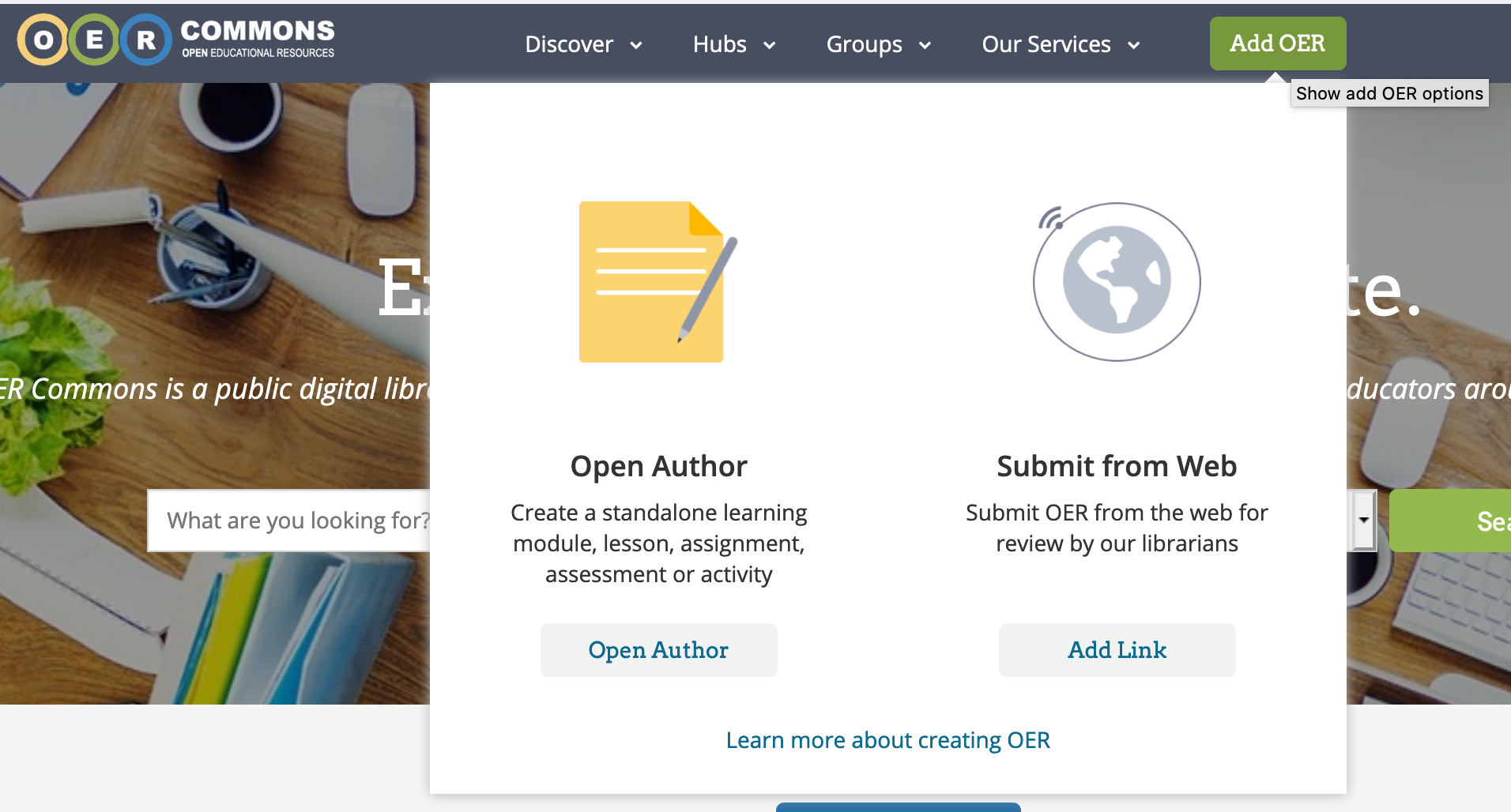 Screenshot of Add OER menu on OER Commons