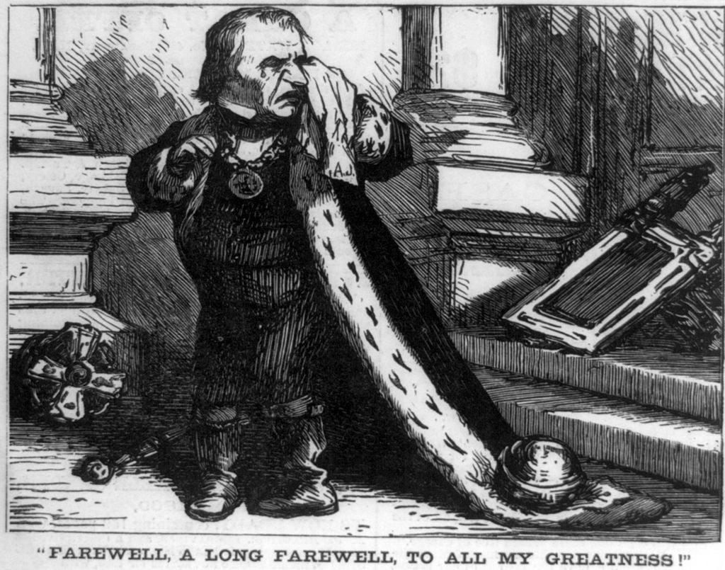 "Farewell, a long farewell, to all my greatness!" Caricature showing Andrew Johnson, dressed as a king, crying. Illus. in: Harper's Weekly, 1869, via Wikimedia Commons
