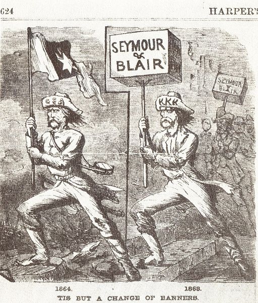A political cartoon depicting the KKK and the Democratic Party as continuations of the Confederacy. From Harper's Weekly, 1868, Public Domain, via Wikimedia Commons.