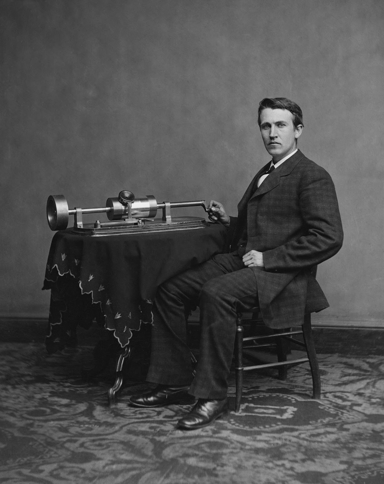 homas Edison and his early phonograph

Thomas Edison and his early phonograph. By Levin C. Handy [Public domain], via Wikimedia Commons