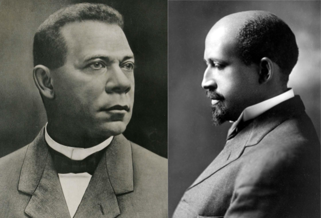 Washington (left) by Unknown photographer, cropped by User:Connormah [Public domain], via Wikimedia Commons; and and Du Bois (right) by Addison N. Scurlock [Public domain], via Wikimedia Commons.