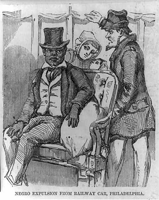 "Negro expulsion from railway car, Philadelphia," 1856. Public Domain via Library of Congress.