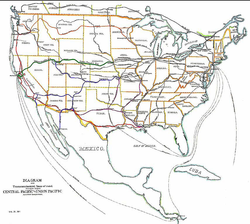 Transcontinental Railroad Lines, 1887. By United States Pacific Railway Commission. Digital image reconstruction and restoration is by Centpacrr at en.wikipedia (DigitalImageServices.com) [CC BY-SA 3.0], via Wikimedia Commons.
