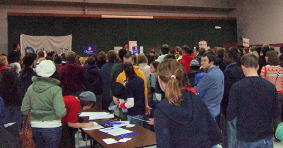 Caucus-goers gather at a Democratic precinct caucus on January 3, 2008, in Iowa City, Iowa