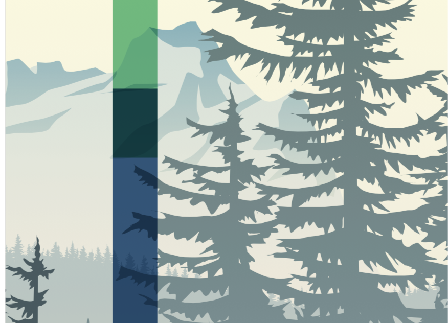 Icon image of evergreen trees with a mountain background.
