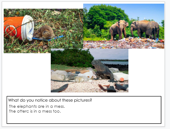 A third screenshot of author, M.Moore's student responses to noticings about trash in Google Slides